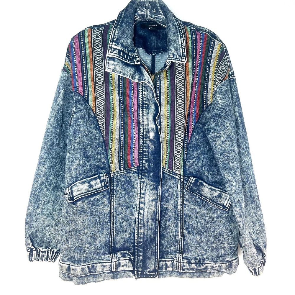 Forever 21 Blue Denim Jacket with Colorful Stripes